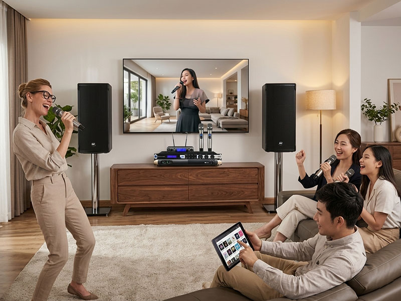 gia dinh hat karaoke voi vang so